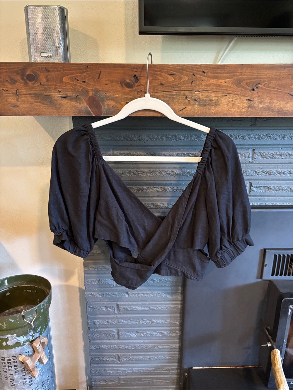 Anthropologie Black Puff-Sleeve Wrap Crop Top